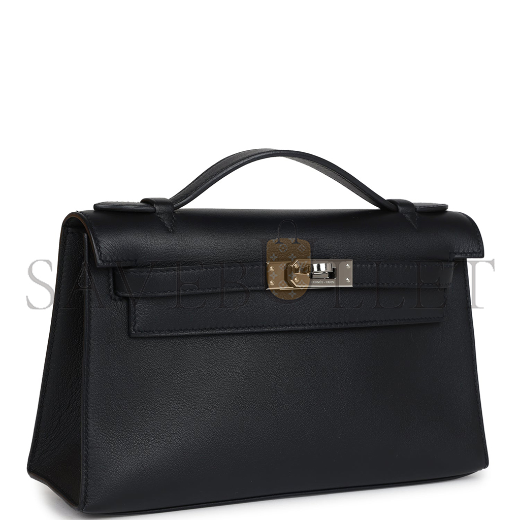 HERMÈS KELLY POCHETTE BLACK WITH VELVET GREEN SWIFT PALLADIUM HARDWARE (22*14*7cm)